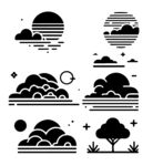 云朵与夕阳黑色剪影插画