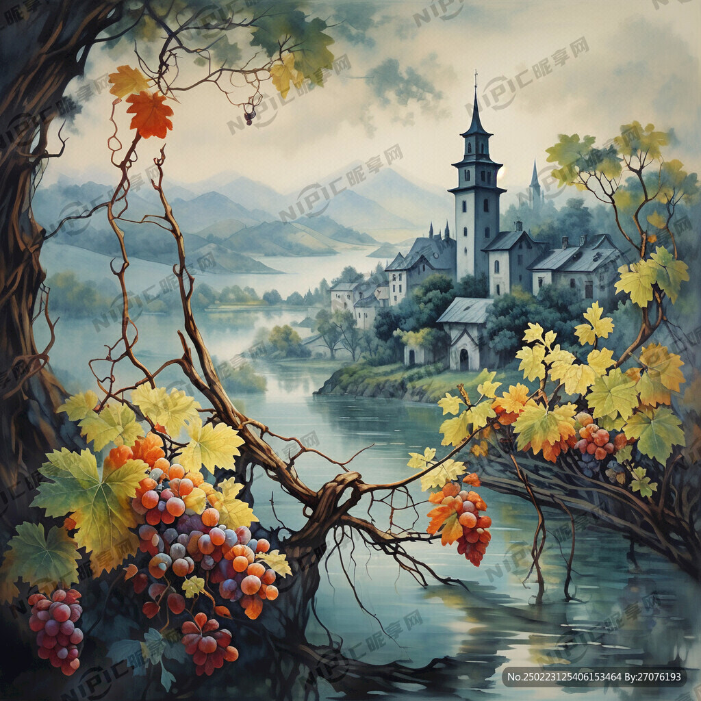 采用中国工笔画风格 有近景
