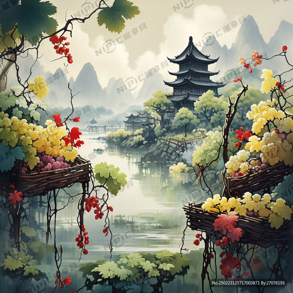 采用中国工笔画风格 有近景