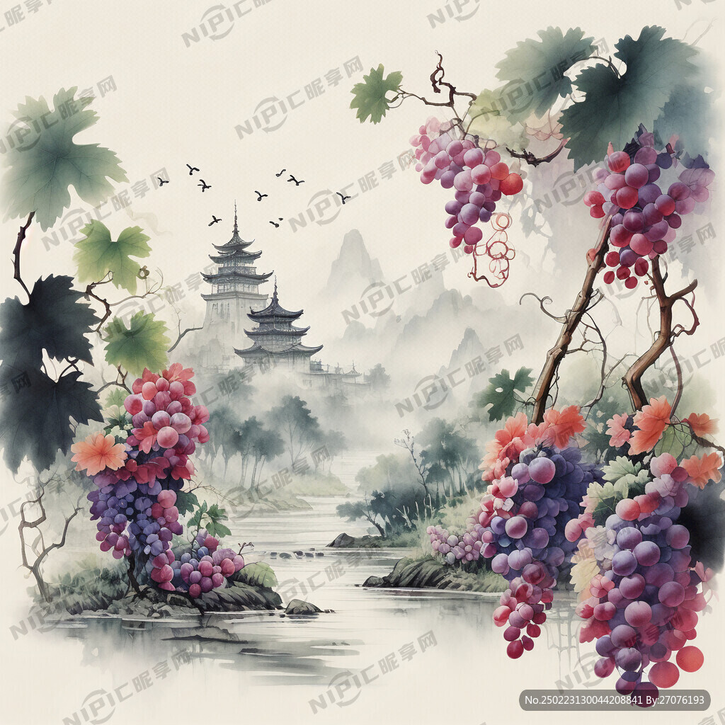 采用中国工笔画风格 有近景