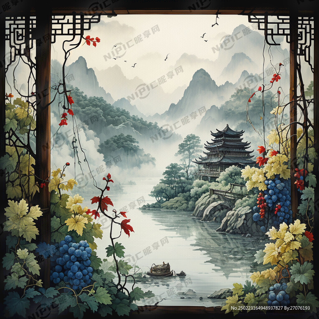 采用中国工笔画风格 有近景