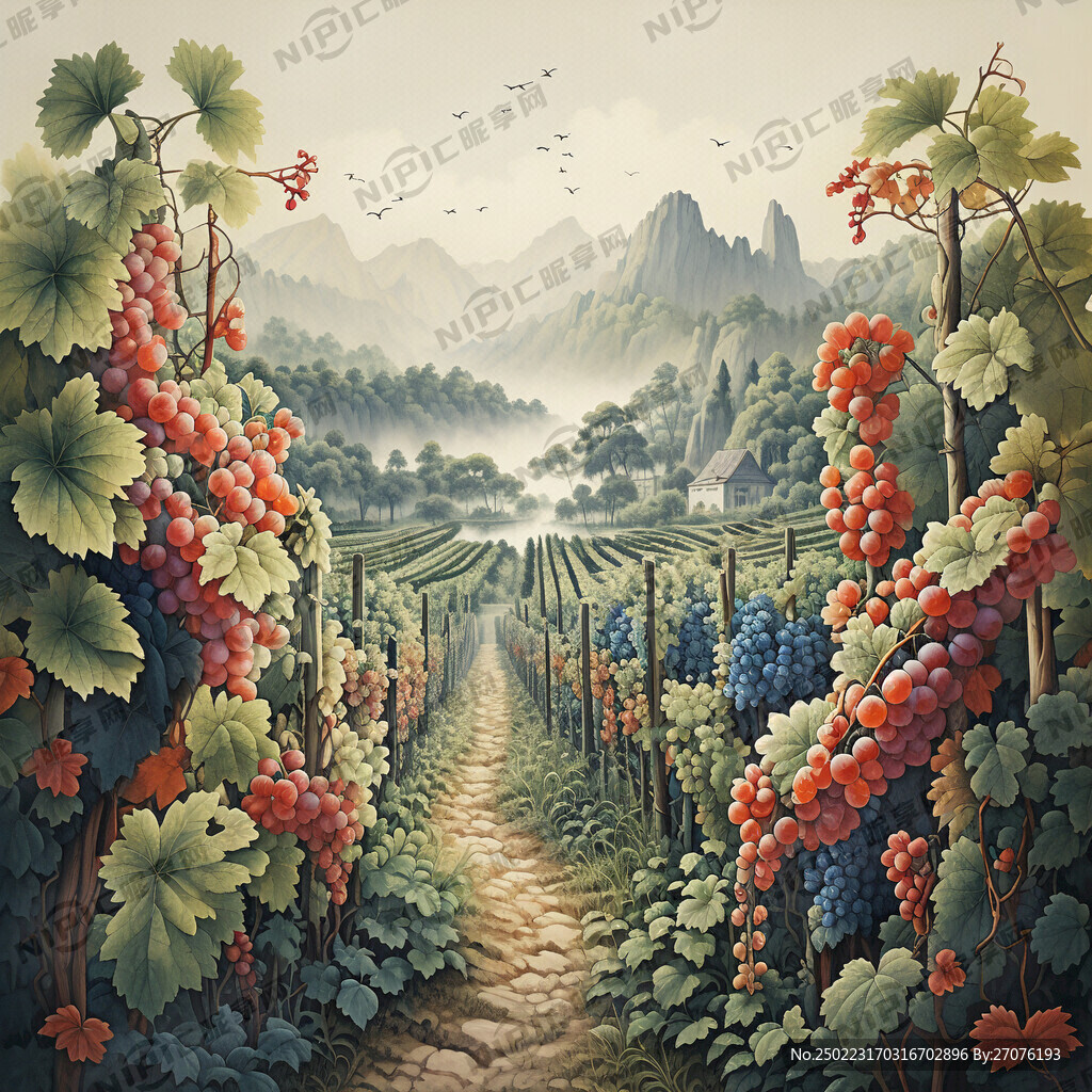 采用中国工笔画风格 有近景