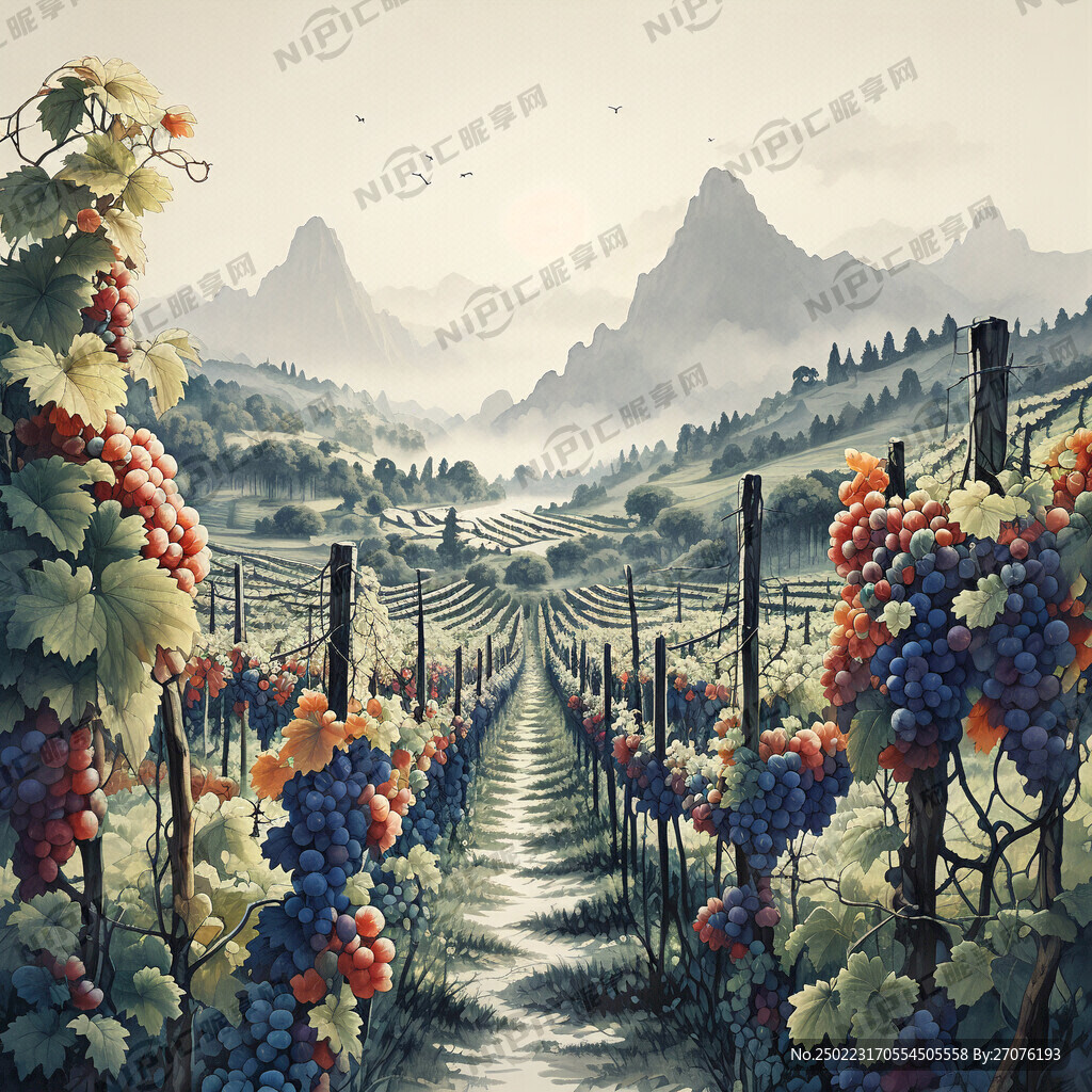 采用中国工笔画风格 有近景