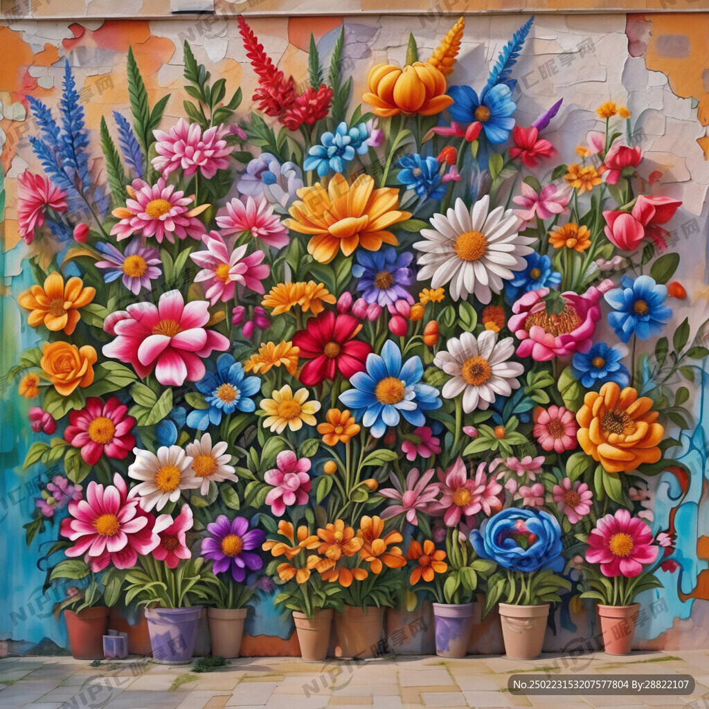 墙体彩绘要求百花为主题颜色鲜艳