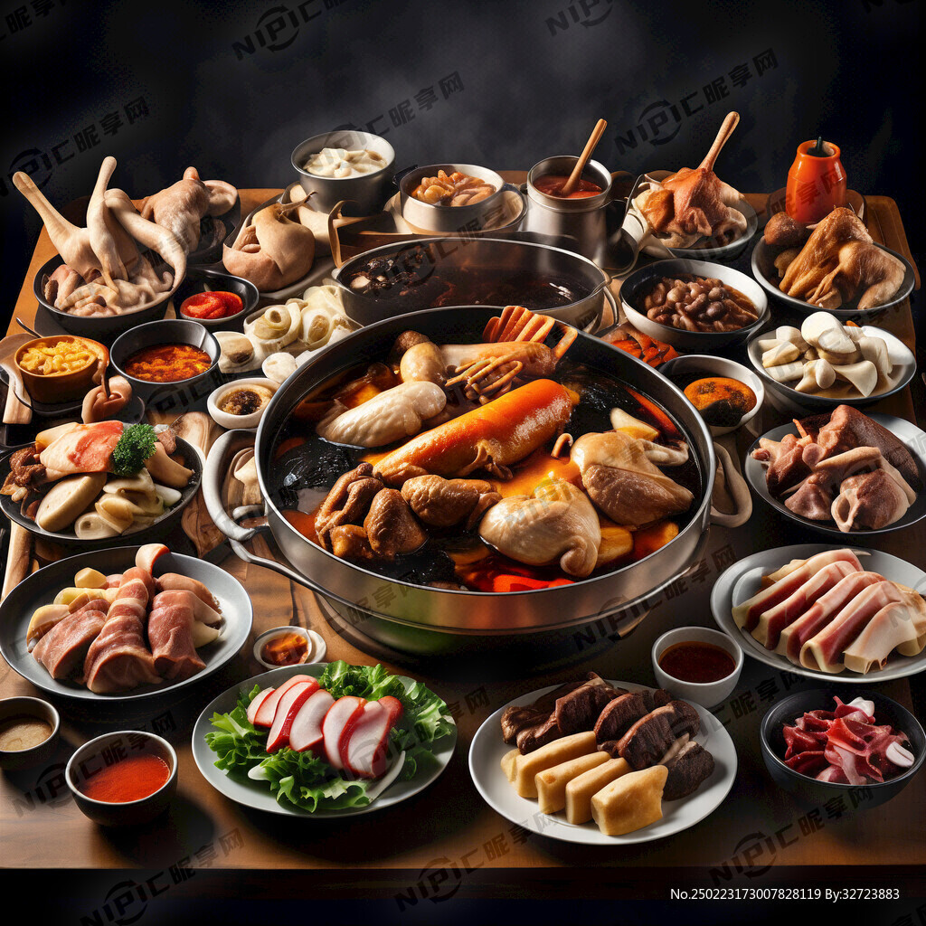 有鸡、鸭、牛肉的火锅套餐