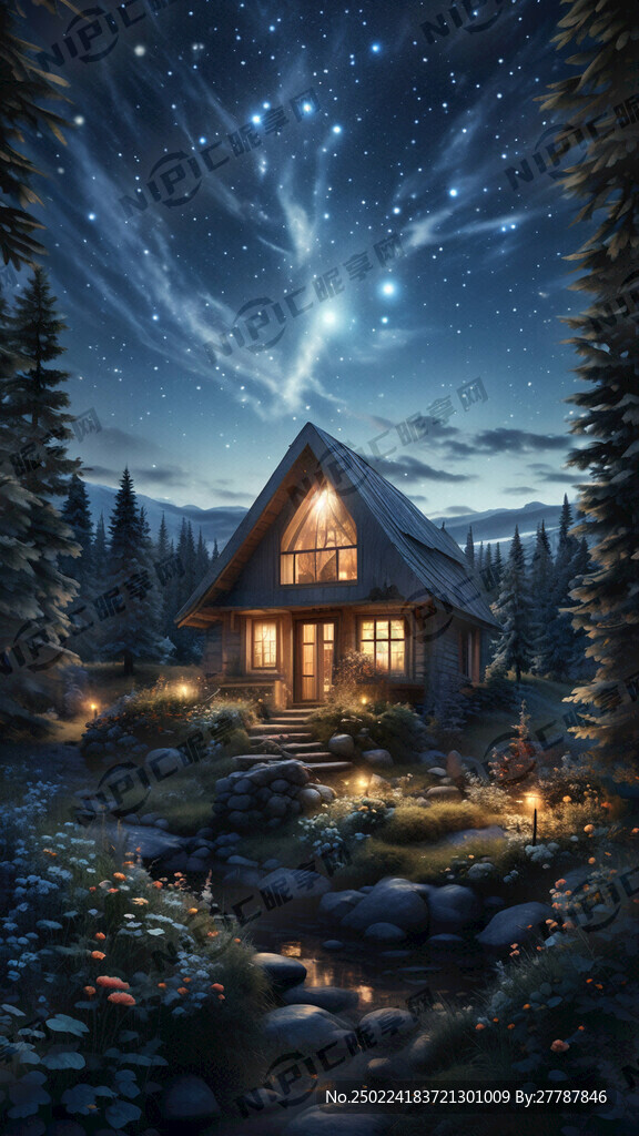 满天繁星幽静树林小屋唯美