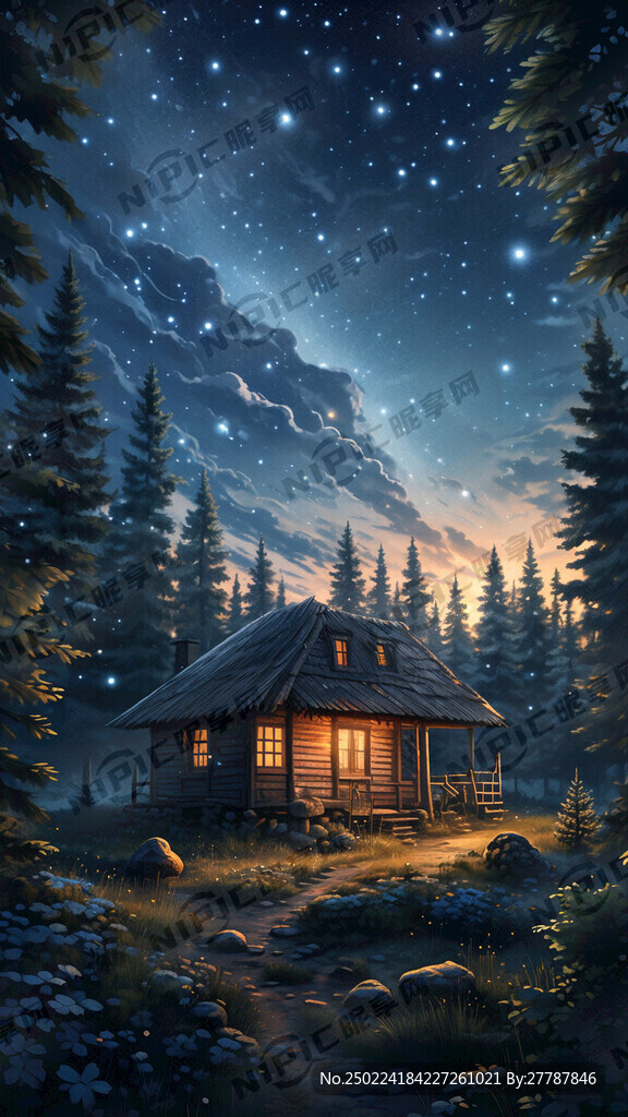 幽静密林树林小屋满天繁星