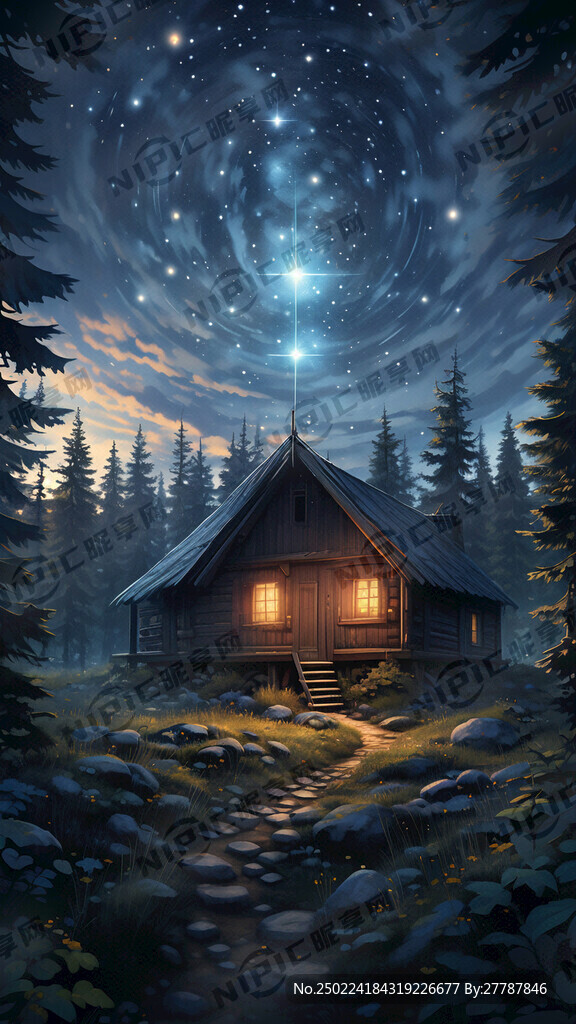 幽静密林树林小屋满天繁星