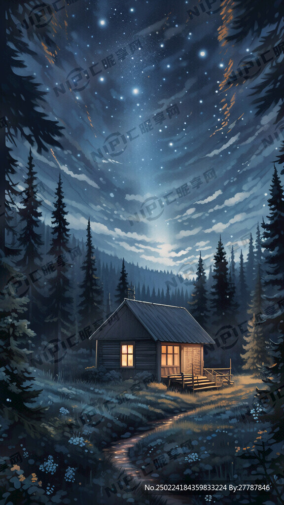 幽静密林树林小屋满天繁星