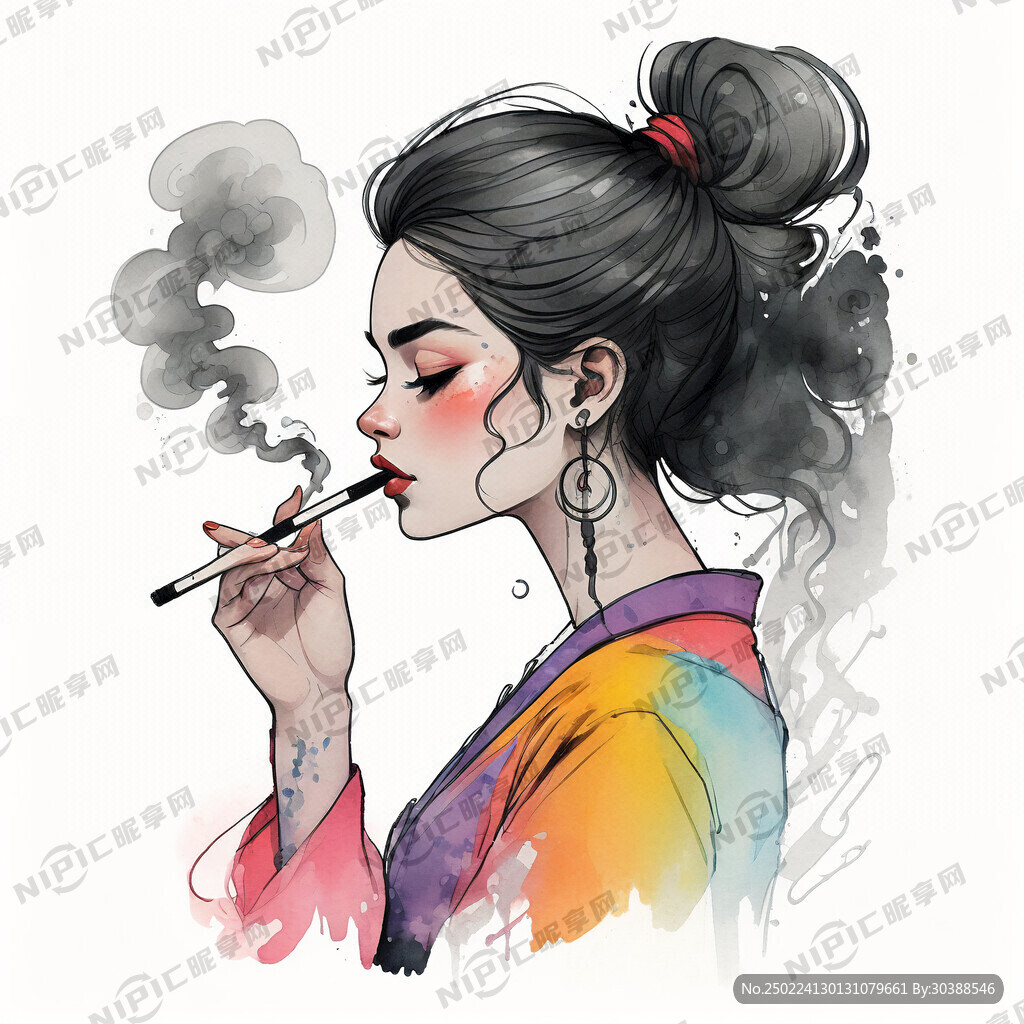 手绘国潮风卡通 抽烟女孩