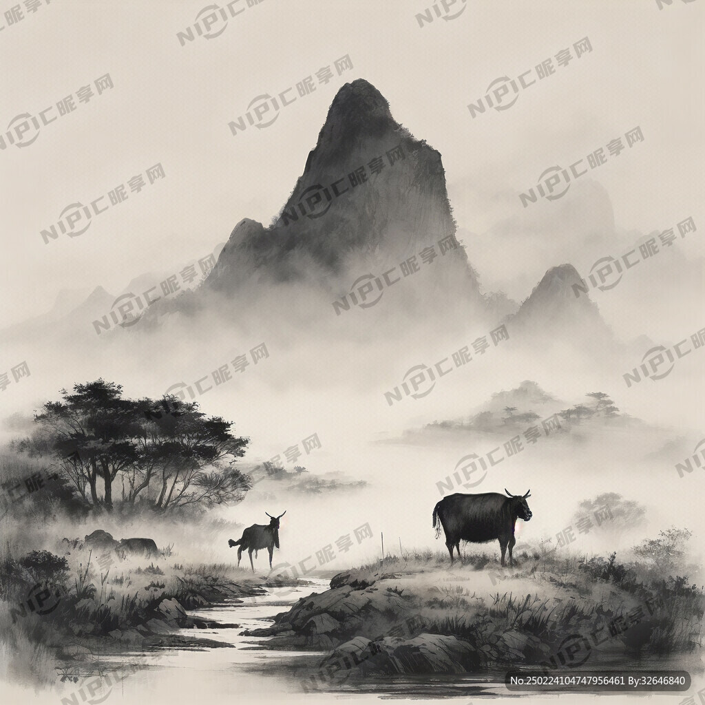 高山 农田 耕牛 农民 黑白