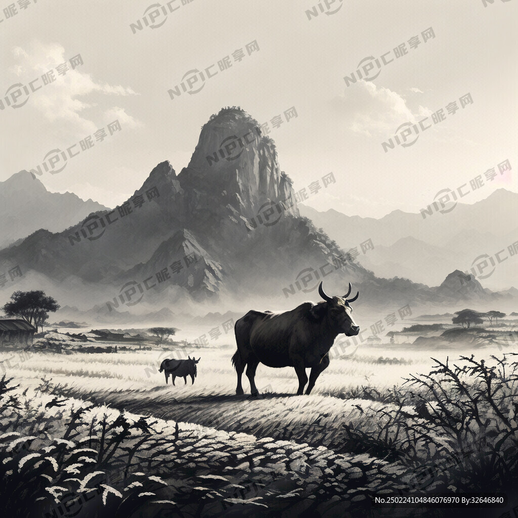 高山 农田 耕牛 农民 黑白