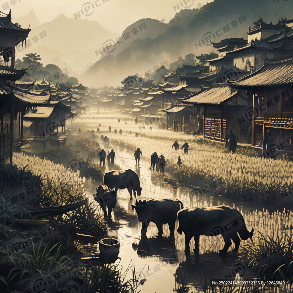 稻田 农民 耕牛 插秧 黑白