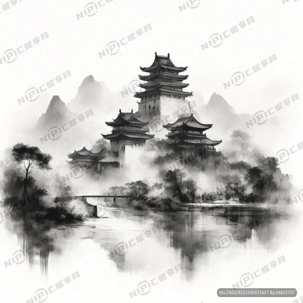 中式河流古城黑白图