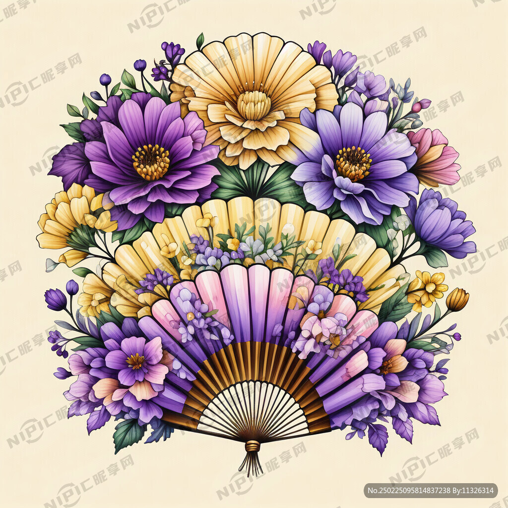 扇形手绘五彩插花