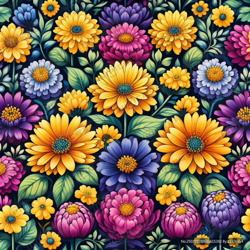 手绘插画五彩花簇