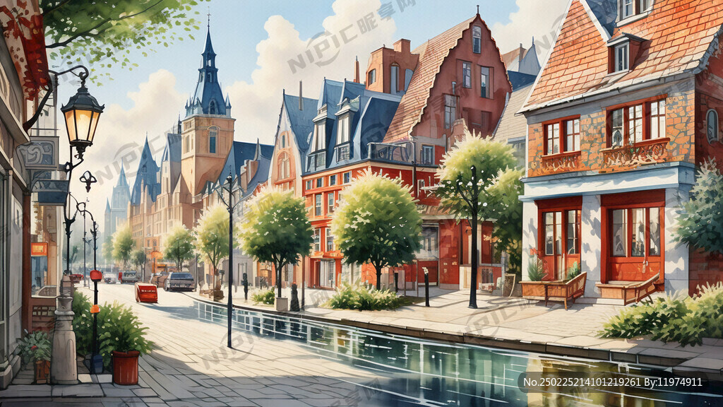 丹麦城市街头水彩画