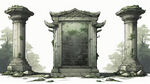 石柱牌匾正面，残旧风化，石头裂缝有青苔，古代环境，线条清晰的矢量插画，传统石柱效果