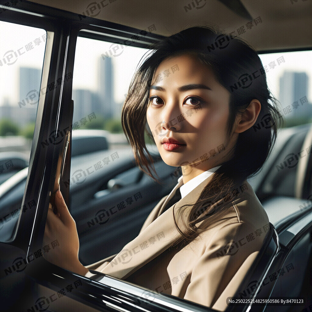 轿车内驾驶位镜子里呈现出职场女