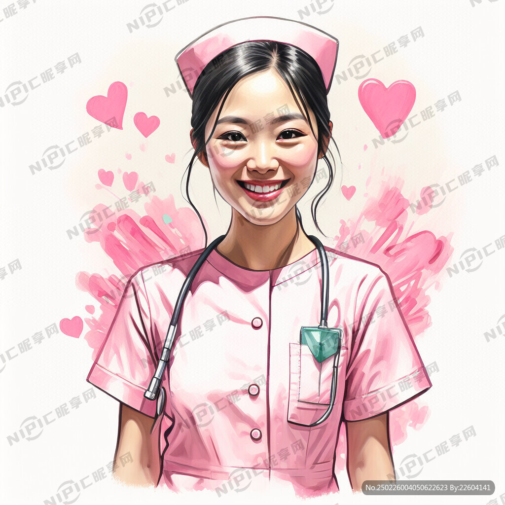 护士站着微笑可爱绘画风粉色