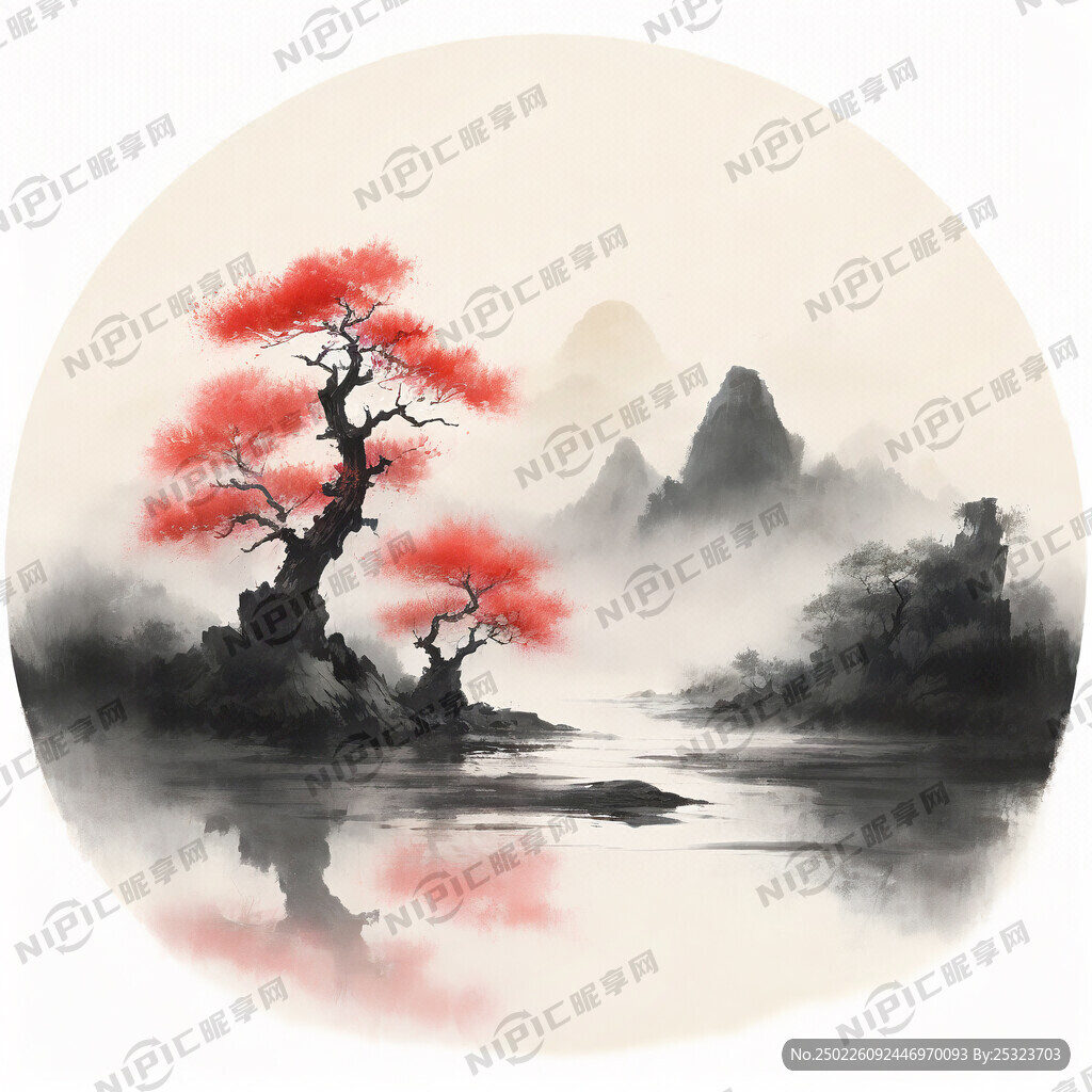 有桃树 山谷 中国风 中国画