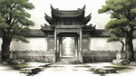 石柱牌屋正面，四合院，残旧风化，石头裂缝有青苔，古代环境，线条清晰的矢量插画，传统石柱效果