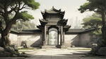 石柱牌屋正面，四合院，残旧风化，石头裂缝有青苔，古代环境，线条清晰的矢量插画，传统石柱效果