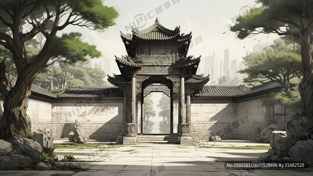 石柱牌屋正面 四合院 残旧风化