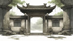 石柱牌屋正面，四合院，残旧风化，石头裂缝有青苔，古代环境，线条清晰的矢量插画，传统石柱效果