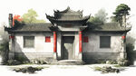 石柱牌屋正面，四合院，残旧风化，石头裂缝有青苔，古代环境，线条清晰的矢量插画，传统石柱效果