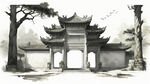 石柱牌屋正面，四合院，残旧风化，石头裂缝有青苔，古代环境，线条清晰的矢量插画，传统石柱效果