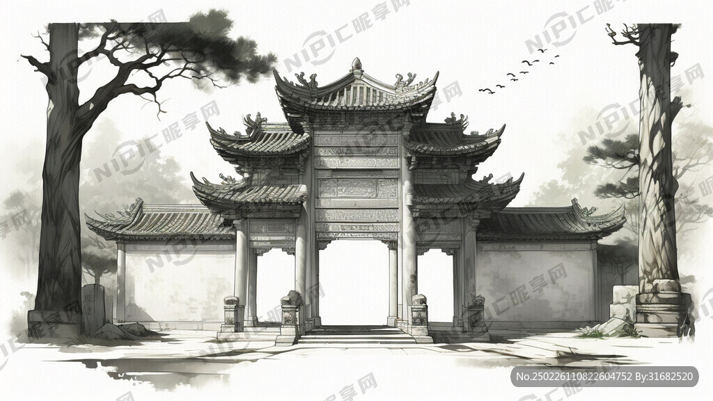 石柱牌屋正面 四合院 残旧风化