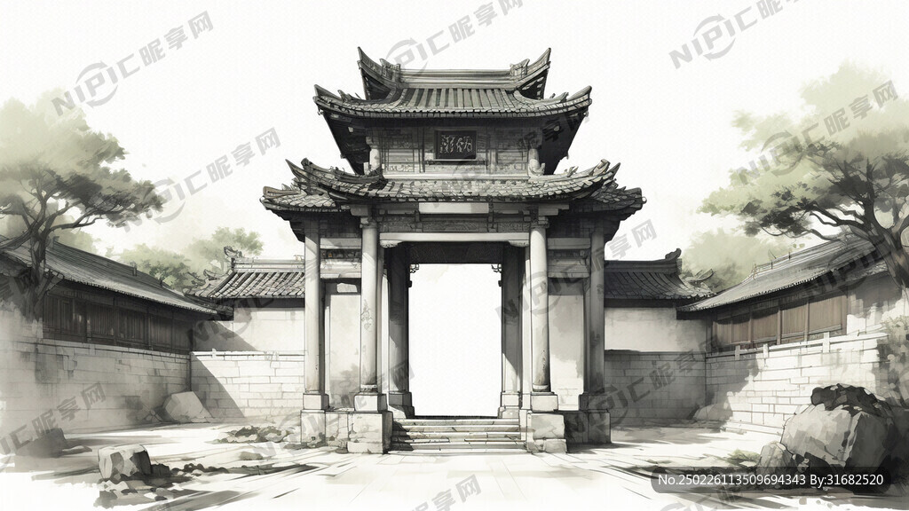 石柱牌屋正面 四合院 残旧风化