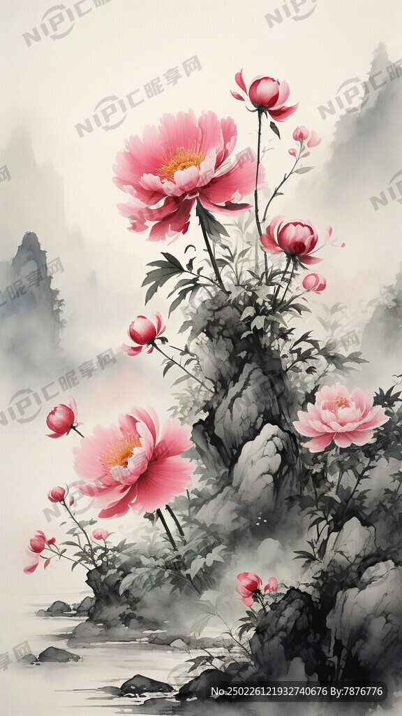 中国风 意境 山水 牡丹花