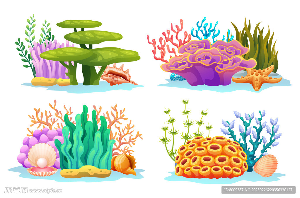 卡通海底珊瑚与水草插画