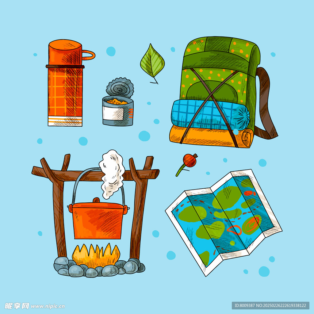 徒步旅行装备手绘卡通插画