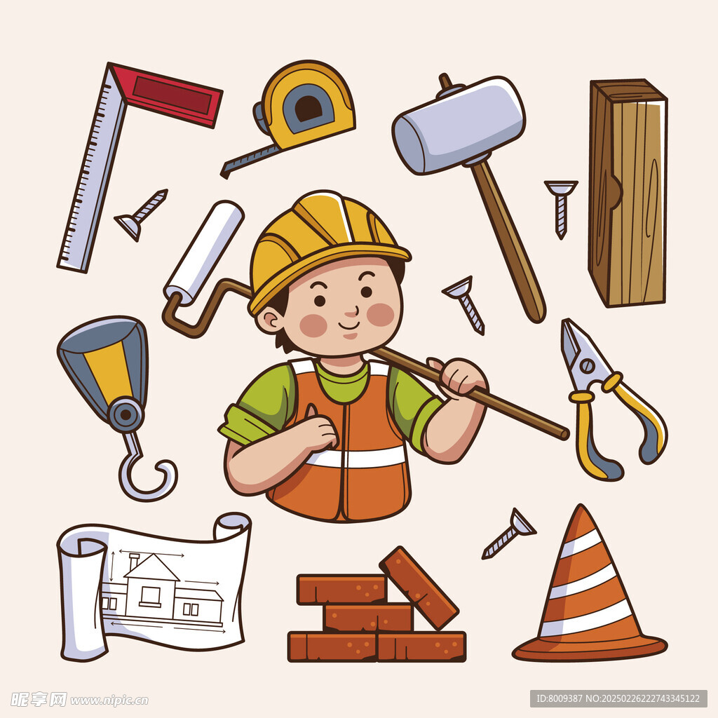 建筑施工工人与工具卡通元素
