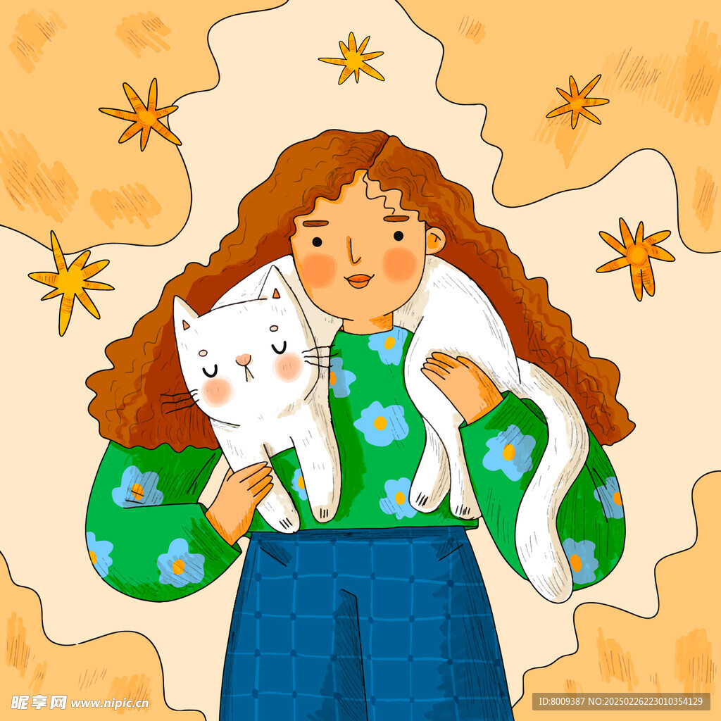 可爱女孩和她的猫卡通插画
