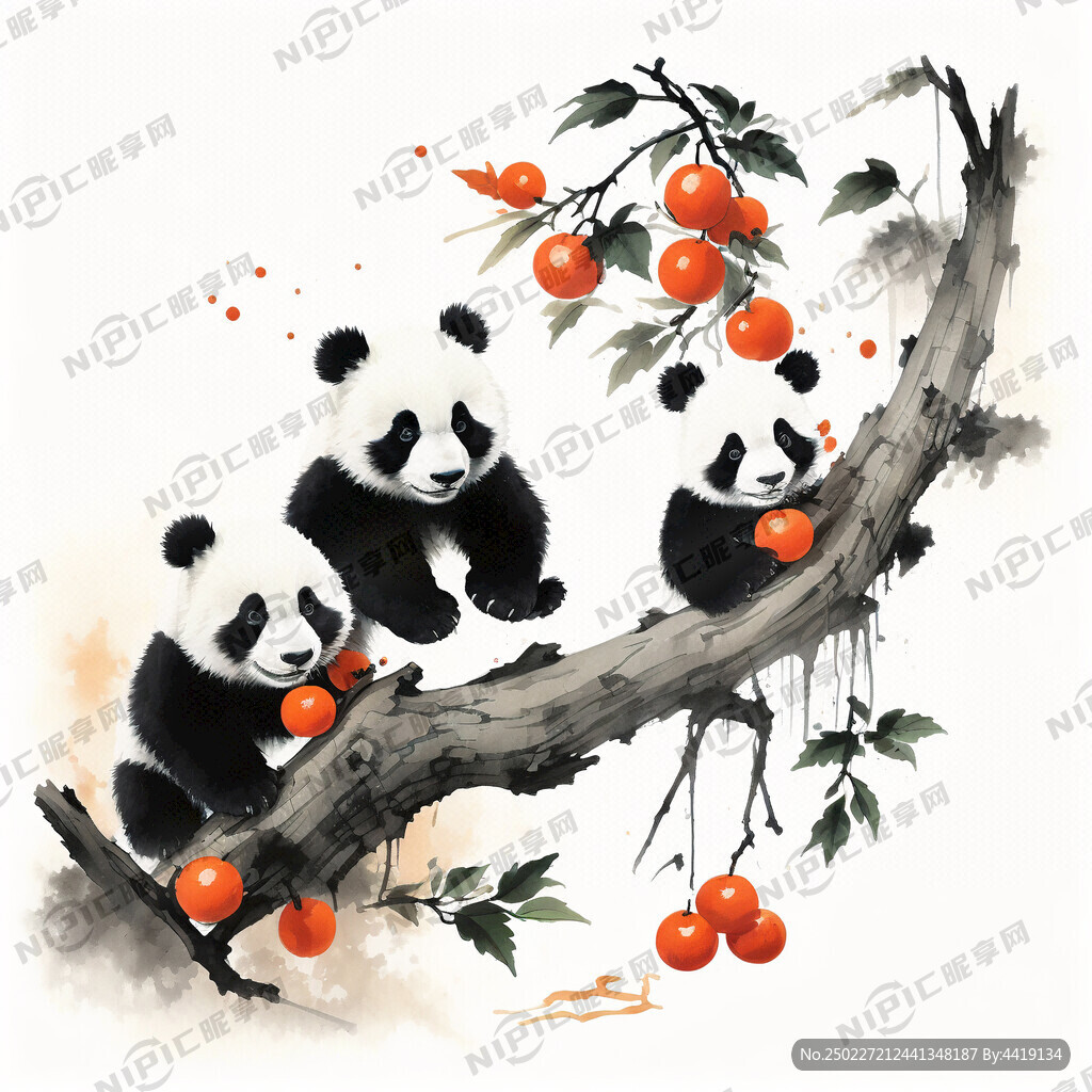 卡通 几只熊猫 树桩