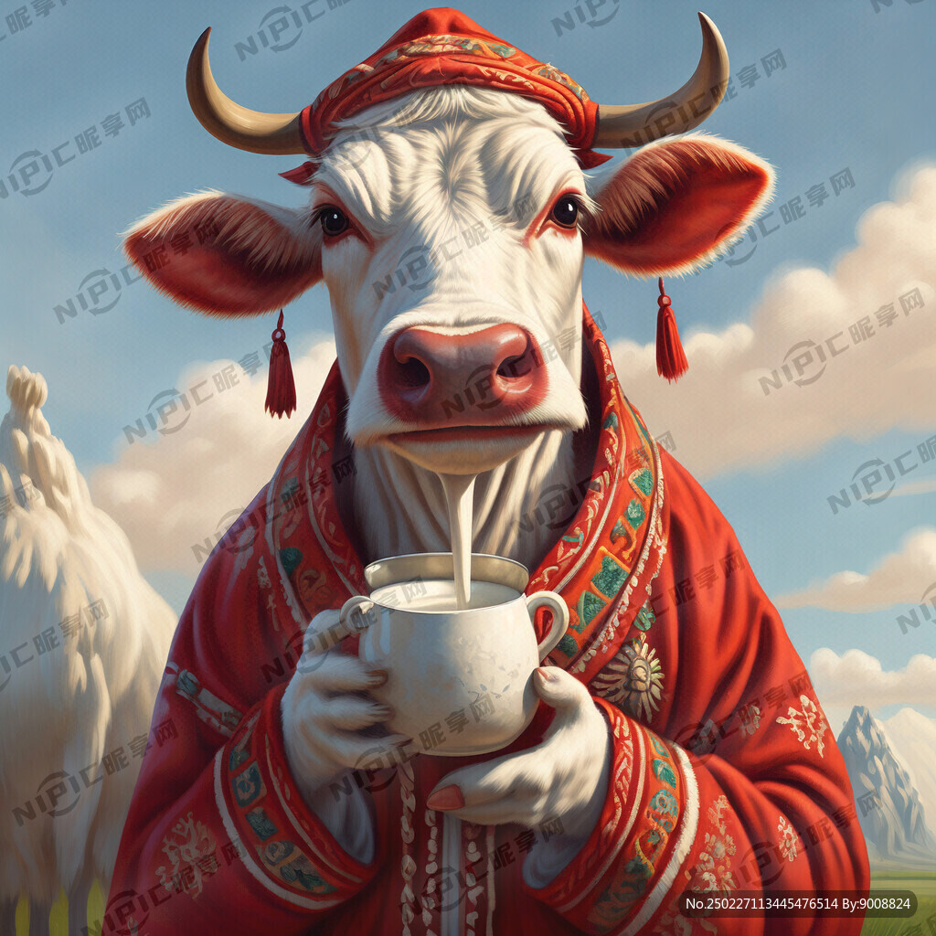 开心的奶牛妈妈穿着红色的蒙古袍