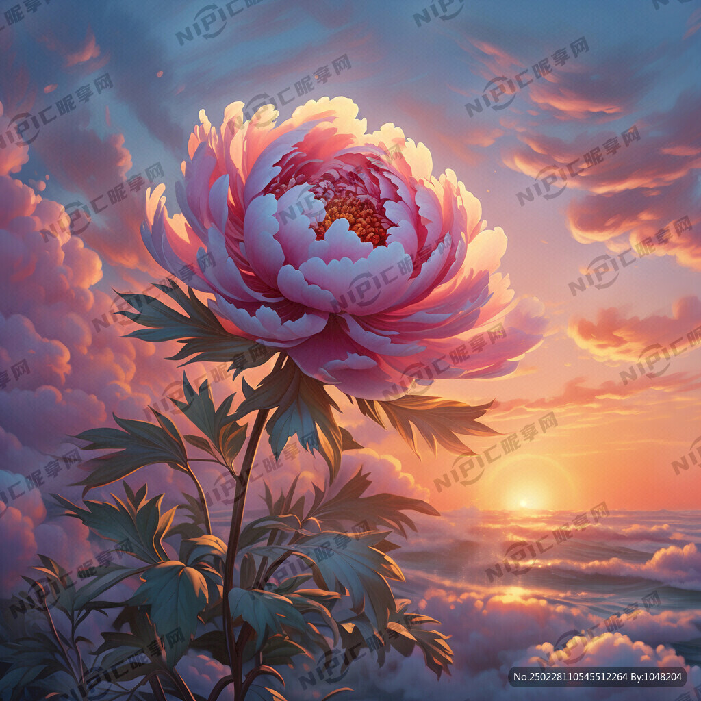 牡丹花 浪花 日出 云彩