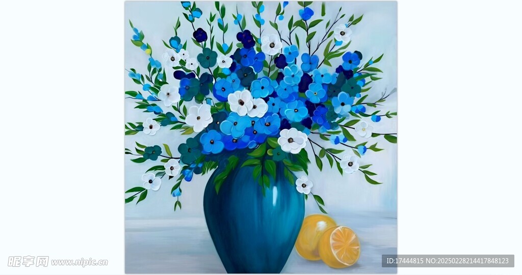 蓝色花瓶花卉油画装饰画