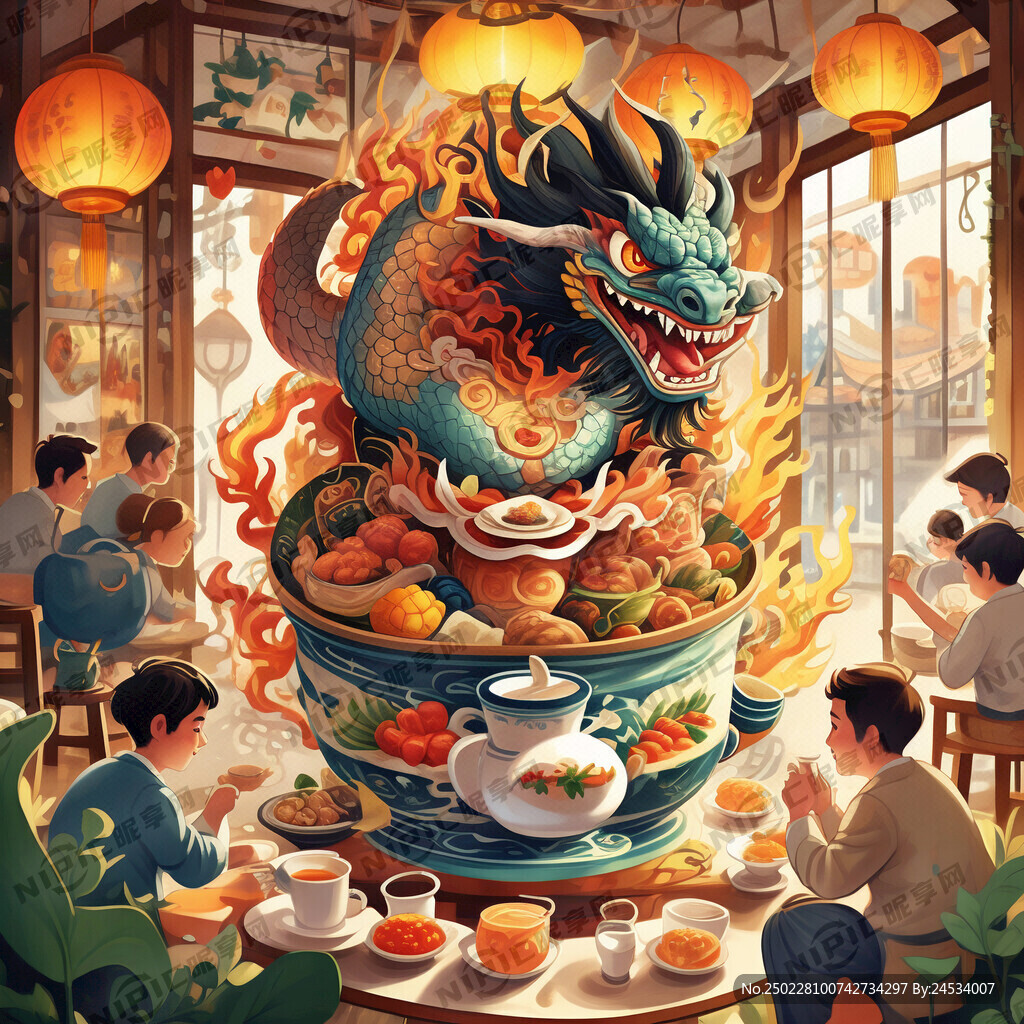 好运一条龙茶餐厅插画