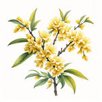 高清手绘黄色桂花，特写，国风，白色背景，手绘，树枝伸展出分叉小枝，