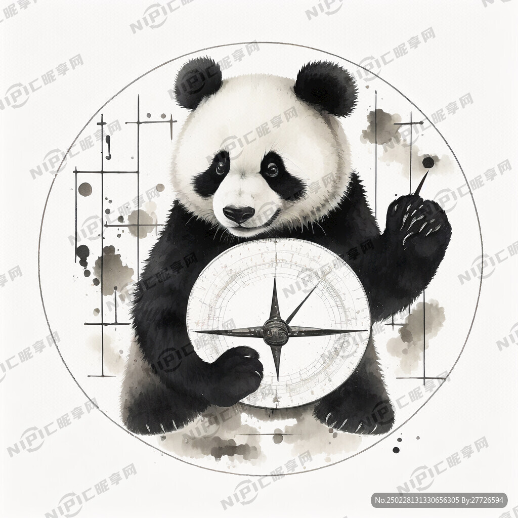 一只简笔画熊猫手持罗盘粘在八卦