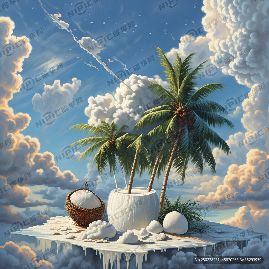 椰子树 椰子 牛奶 天空 白云