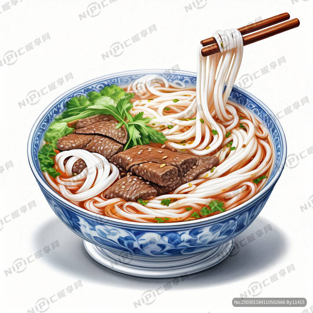 鲜烫牛肉粉 青花瓷碗 白色高汤