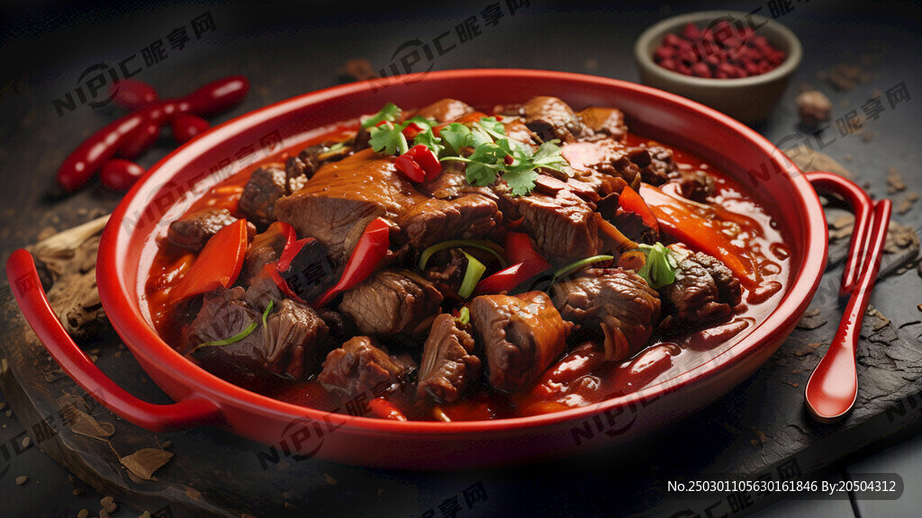 红焖羊肉传统炖羊肉 红色的餐具