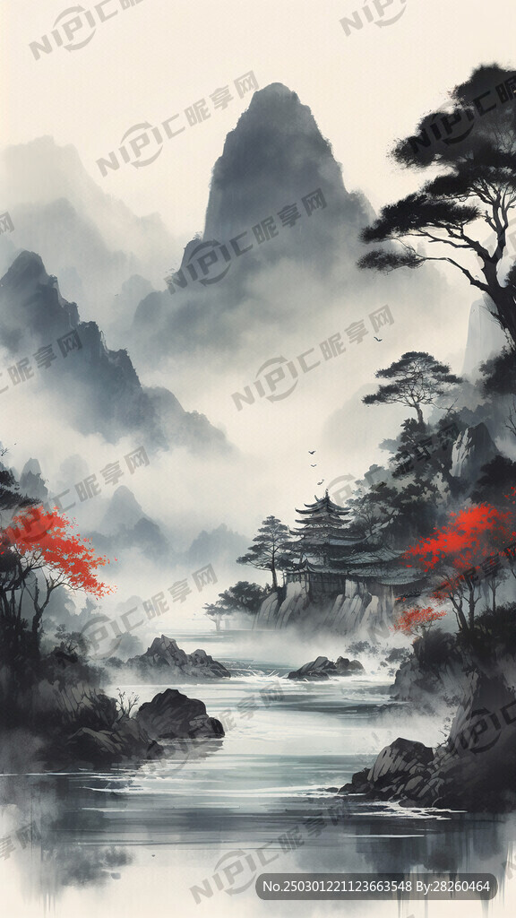 AI创作图有海 有山 有房 有大树 自然风光nipic.com-昵图网