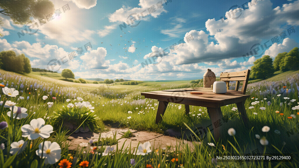 春天 蓝天白云 草地 野餐木桌